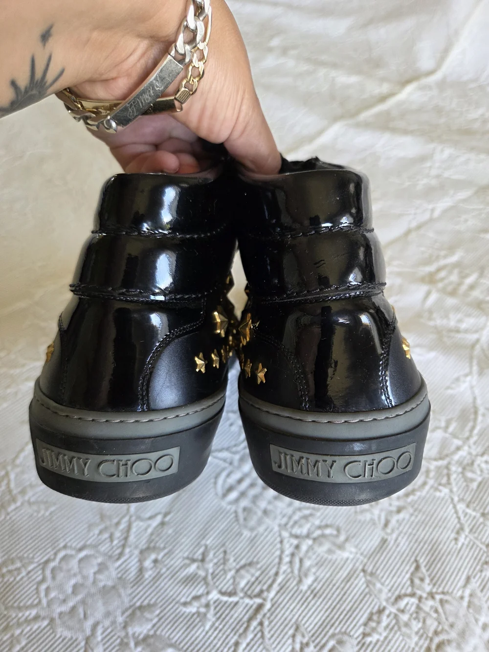 Jimmy Choo | Belgravia Black High-Top Sneakers with Gold Star Studs